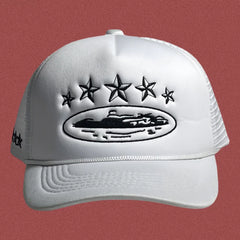 Corteiz Vintage White Trucker Hat with Black Stars and Cruise Ship Graphic
