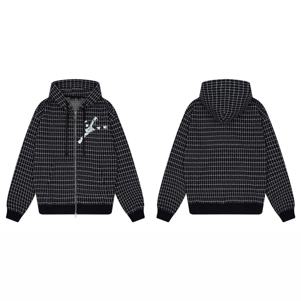 Derschutze Grid Pattern Print Zip-Up Hoodie - Black