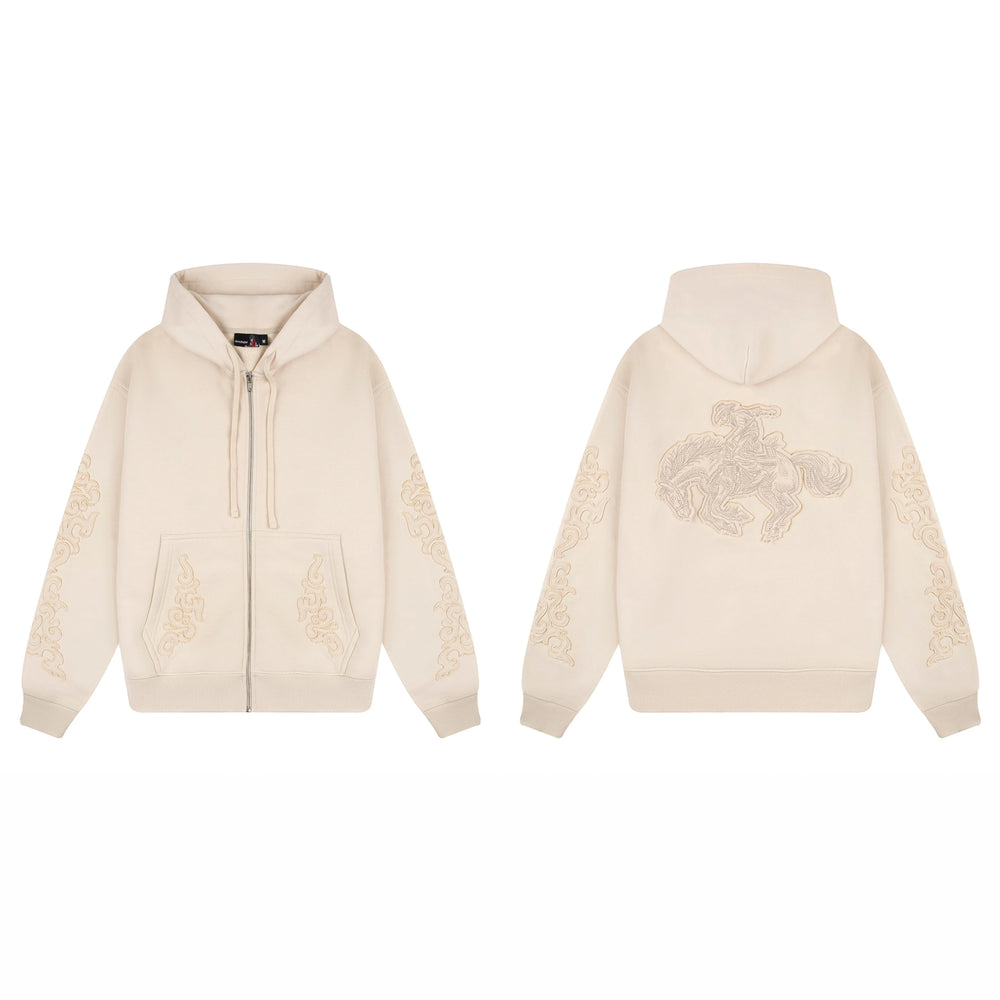 Derschutze Ornate Vine & Floral Embroidery Zip-Up Hoodie - Cream