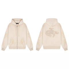 Derschutze Ornate Vine & Floral Embroidery Zip-Up Hoodie - Cream