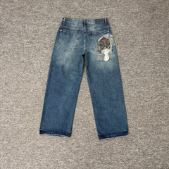 Derschutze Vintage Wash Gothic Window Embroidery Jeans - Blue