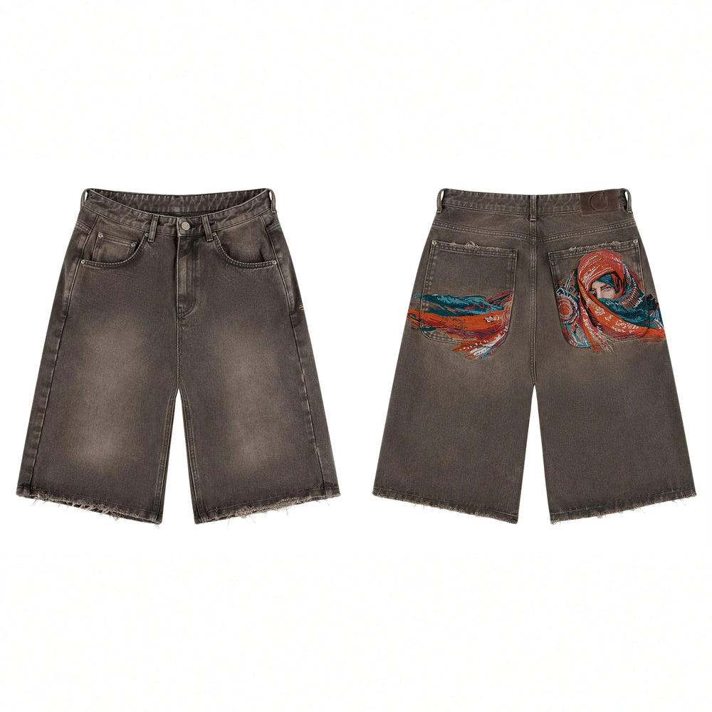 Derschutze Vintage Oil Painting Embroidery Denim Shorts - Brown/Grey