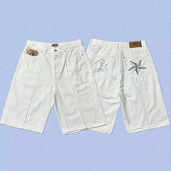 Corteiz Back Star Embroidery Heavyweight Denim Shorts - White