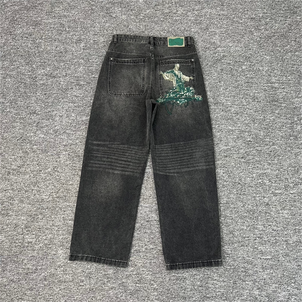 Derschutze Vintage Black Pleated Knee Embroidery Jeans