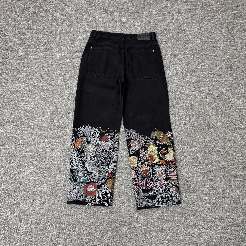 Derschutze Hem Graphic Embroidery Straight Jeans - Black