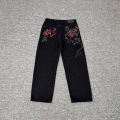Derschutze Red Line Graphic Embroidery Jeans - Black