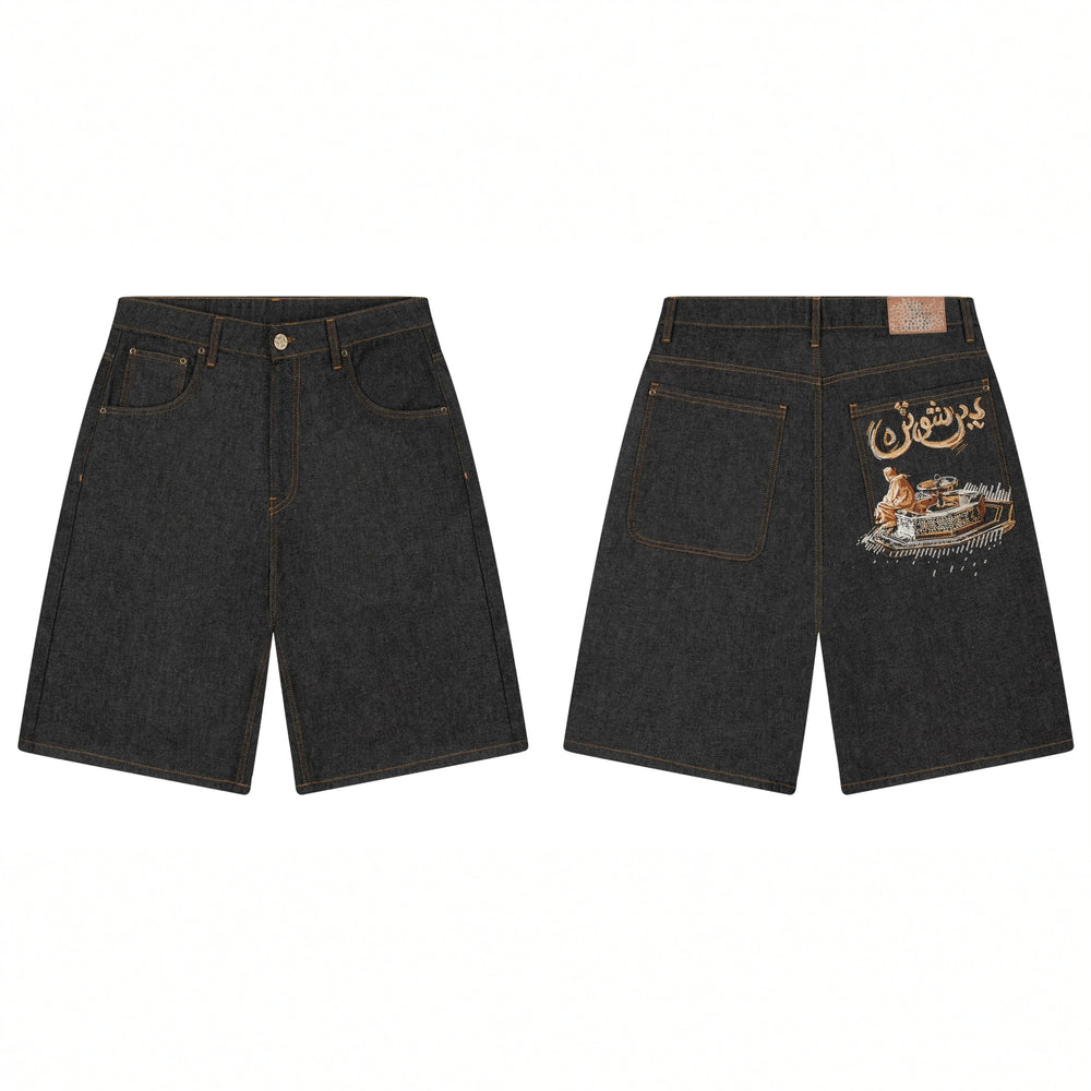 Derschutze Back Graphic Embroidery Denim Shorts - Black