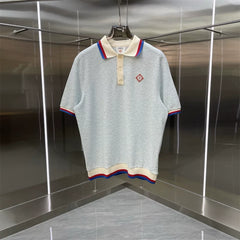 Casablanca Contrast Collar Knit Polo Shirt - Light Blue / Cream