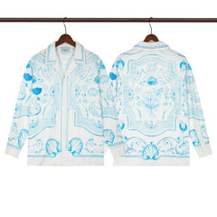 Casablanca Monogram Tile Silk-Style Shirt - Light Blue / White