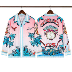 Casablanca Club Feather & Palm Silk-Style Shirt - Pink / Blue