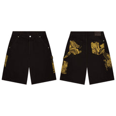 Derschutze Gold Chinese Dragon Embroidery Denim Shorts - Black