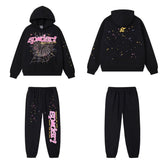 SP5DER Web Graphic Pullover Hoodie and Sweatpants Matching Set - Black / Pink