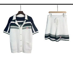 Casablanca Navy Shoulder Stripe Knit Set - White / Navy Blue