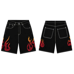 Derschutze Flame Embroidery Denim Shorts - Black