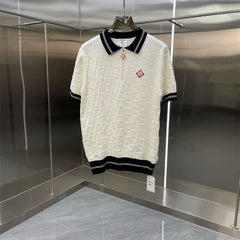 Casablanca Textured Wave Knit Polo Shirt - Off-White / Black