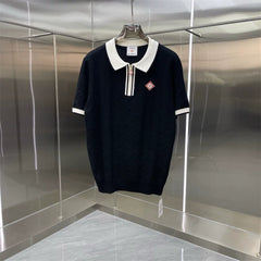 Casablanca Striped Placket Knit Polo Shirt - Black / White