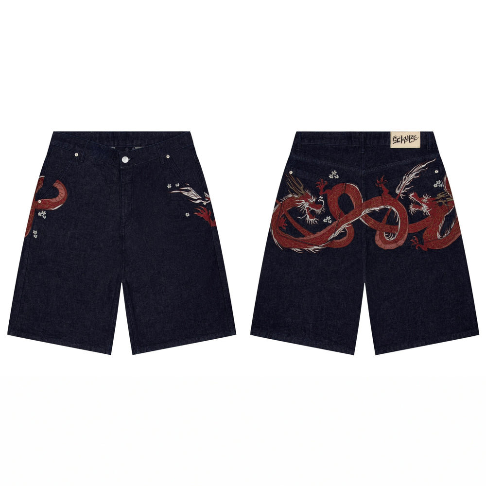 Derschutze Chinese Dragon Embroidery Denim Shorts - Dark Blue