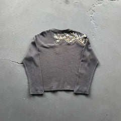 Derschutze Waffle Knit Shoulder Floral Embroidery Long-Sleeve Tee - Charcoal Grey