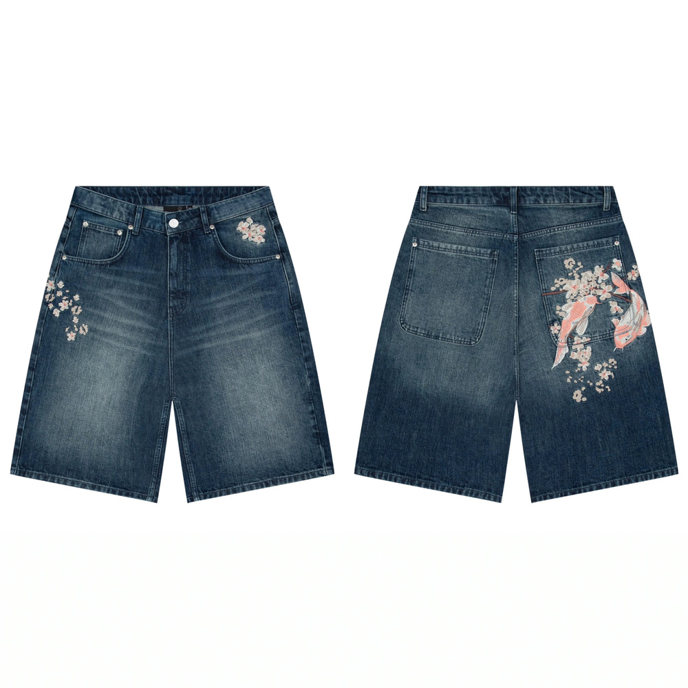 Derschutze Koi Fish & Cherry Blossom Embroidery Denim Shorts - Vintage Blue