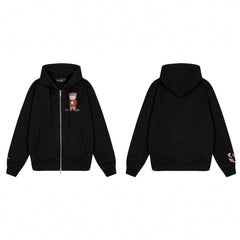 Derschutze Anime Character Embroidery Zip-Up Hoodie - Black