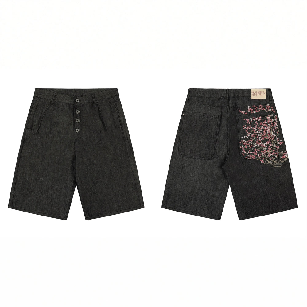 Derschutze Floral Bouquet Embroidery Denim Shorts - Charcoal Grey