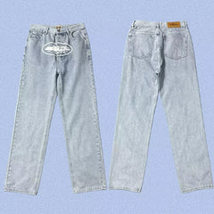 Corteiz Alcatraz Island Front Logo Heavyweight Denim Pants - Light Blue