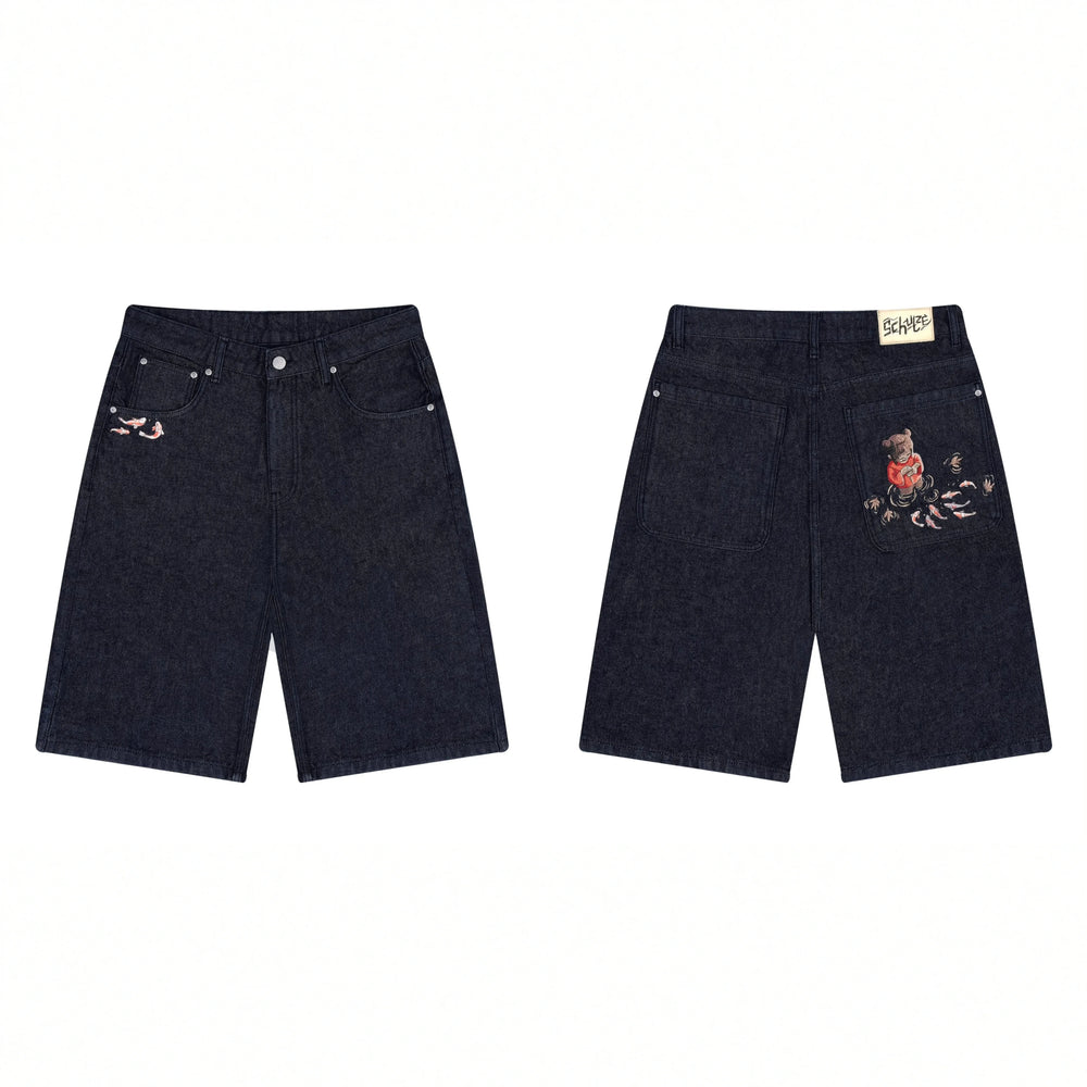 Derschutze Cherry Blossom Embroidery Denim Shorts - Dark Blue