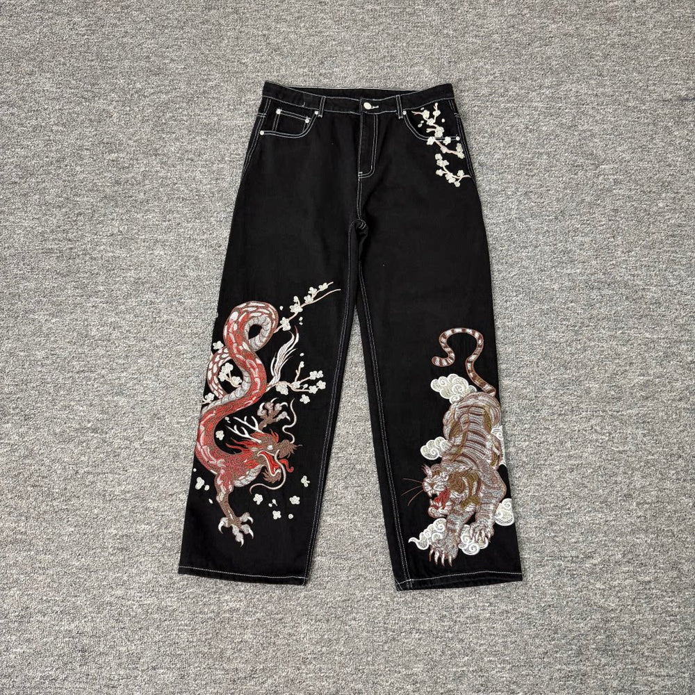Derschutze Dragon & Tiger Embroidery Straight Jeans - Black