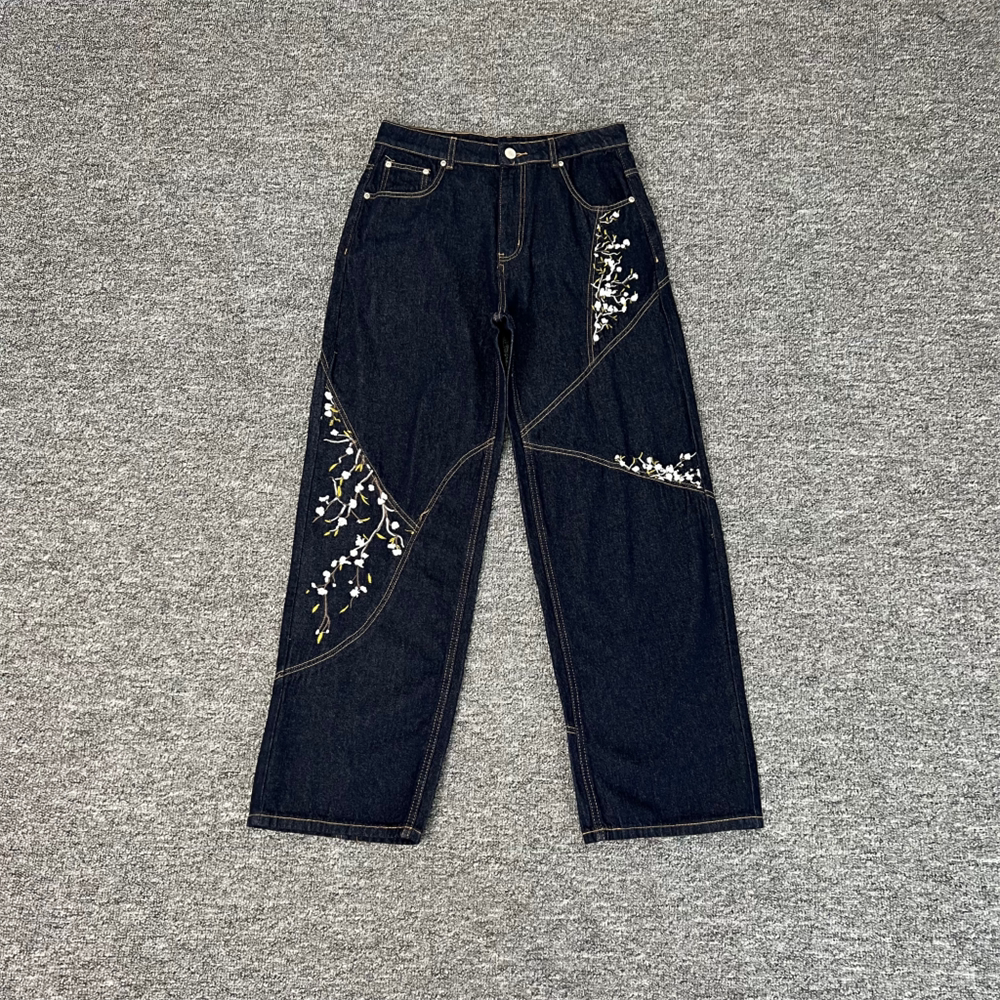 Derschutze Panel Floral Embroidery Straight Jeans - Dark Blue