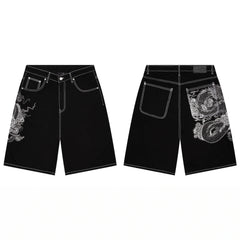 Derschutze Dragon Totem Embroidery Denim Shorts - Black