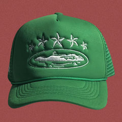 Corteiz Vintage Green Trucker Hat with White Stars and Cruise Ship Graphic