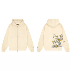 Derschutze Still Life Floral Vase Embroidery Zip-Up Hoodie - Cream