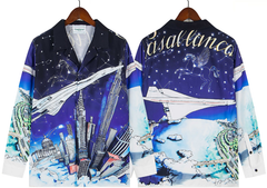 Casablanca Space Shuttle & Night Skyline Silk-Style Shirt - Navy / Blue