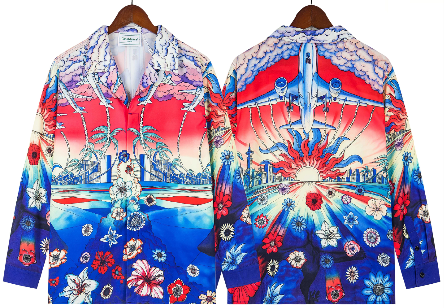 Casablanca Sunset Floral & Racing Silk-Style Shirt - Red / Blue