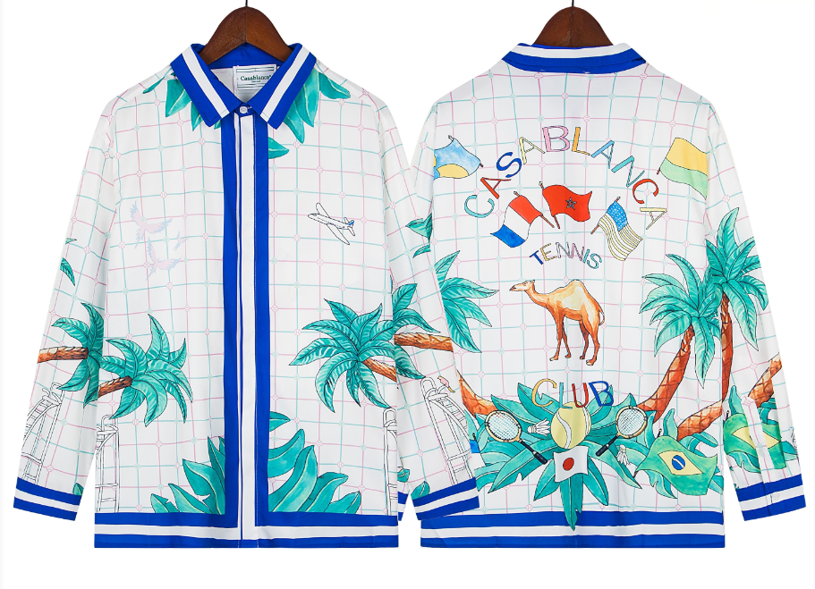 Casablanca Blue Grid & Palm Tree Silk-Style Shirt - White / Blue