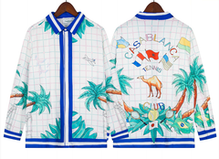 Casablanca Blue Grid & Palm Tree Silk-Style Shirt - White / Blue