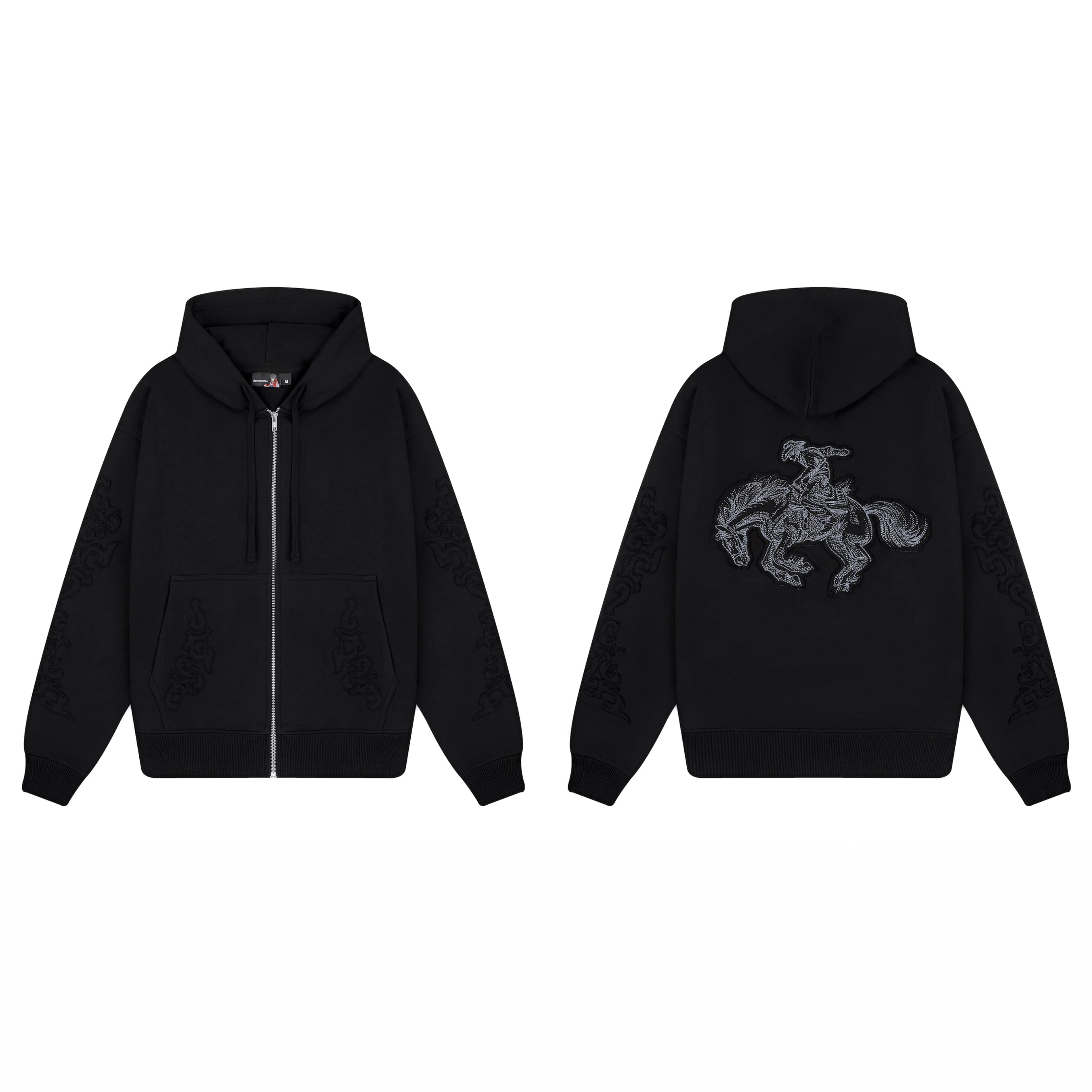 Derschutze Cowboy & Horse Embroidery Zip-Up Hoodie - Black