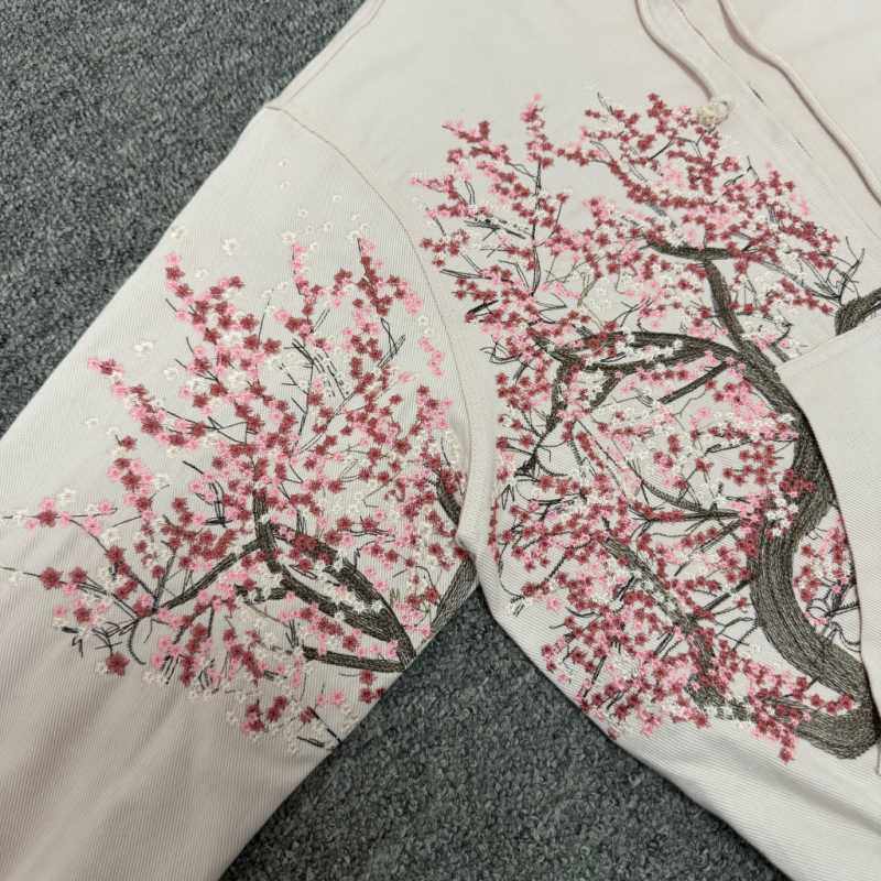 Derschutze Cherry Blossom Embroidery Zip-Up Hoodie