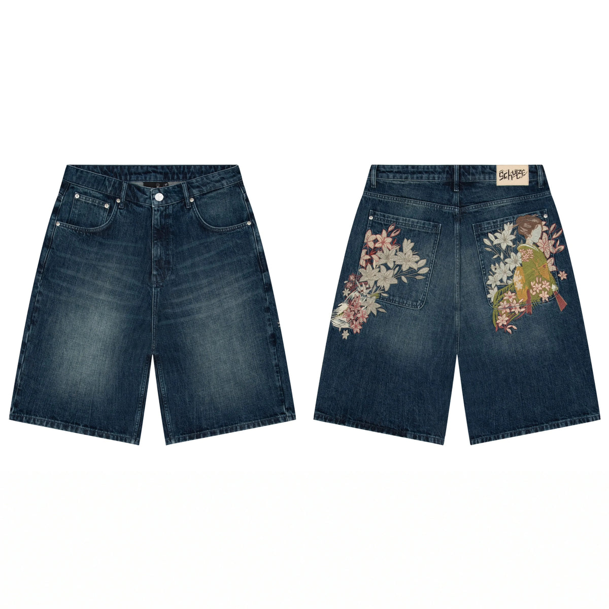 Derschutze Floral Bouquet Oil Painting Denim Shorts - Dark Blue