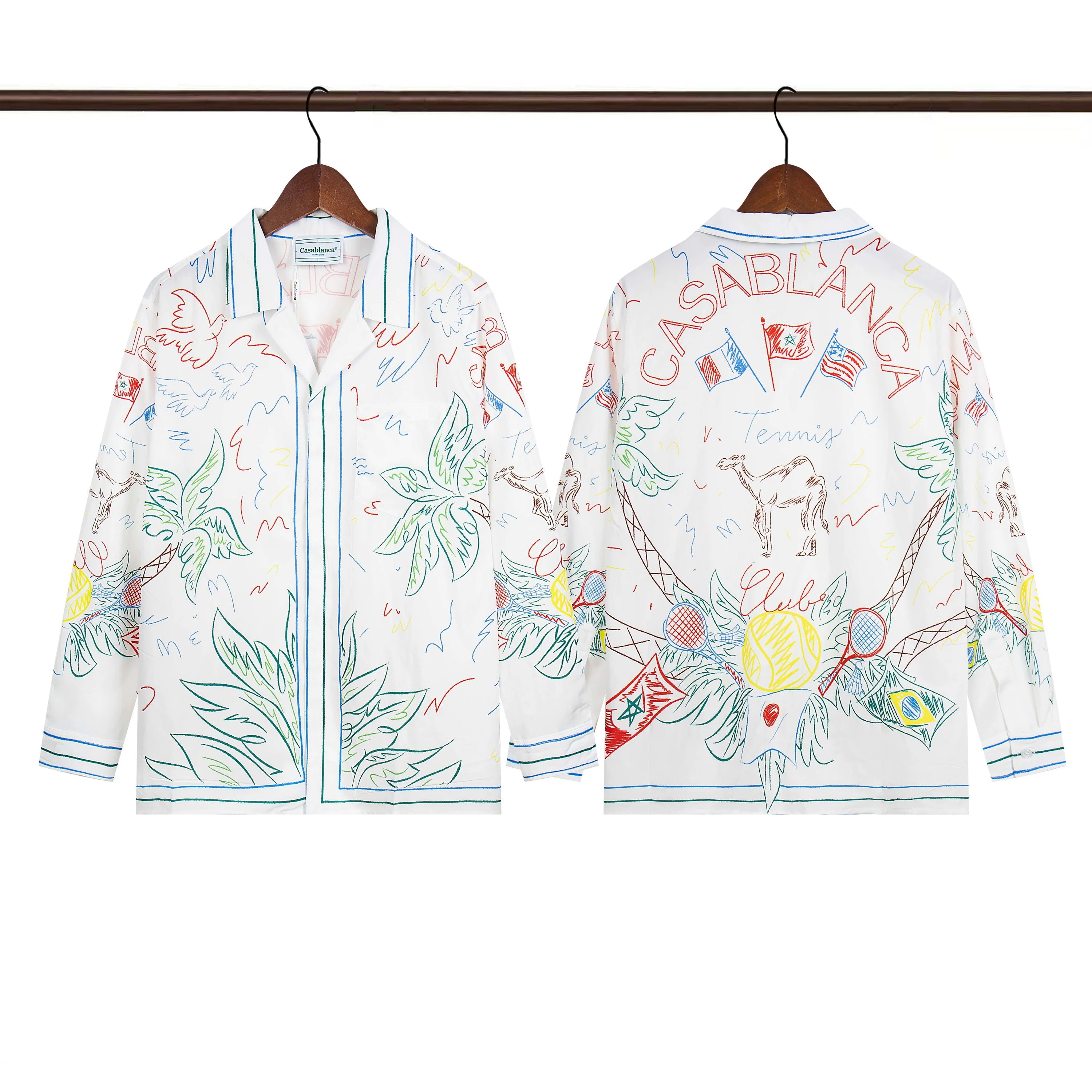 Casablanca Sketch Palm & Crest Silk-Style Shirt - White