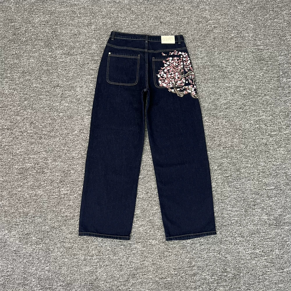 Derschutze Cherry Blossom Embroidery Straight Jeans - Dark Blue