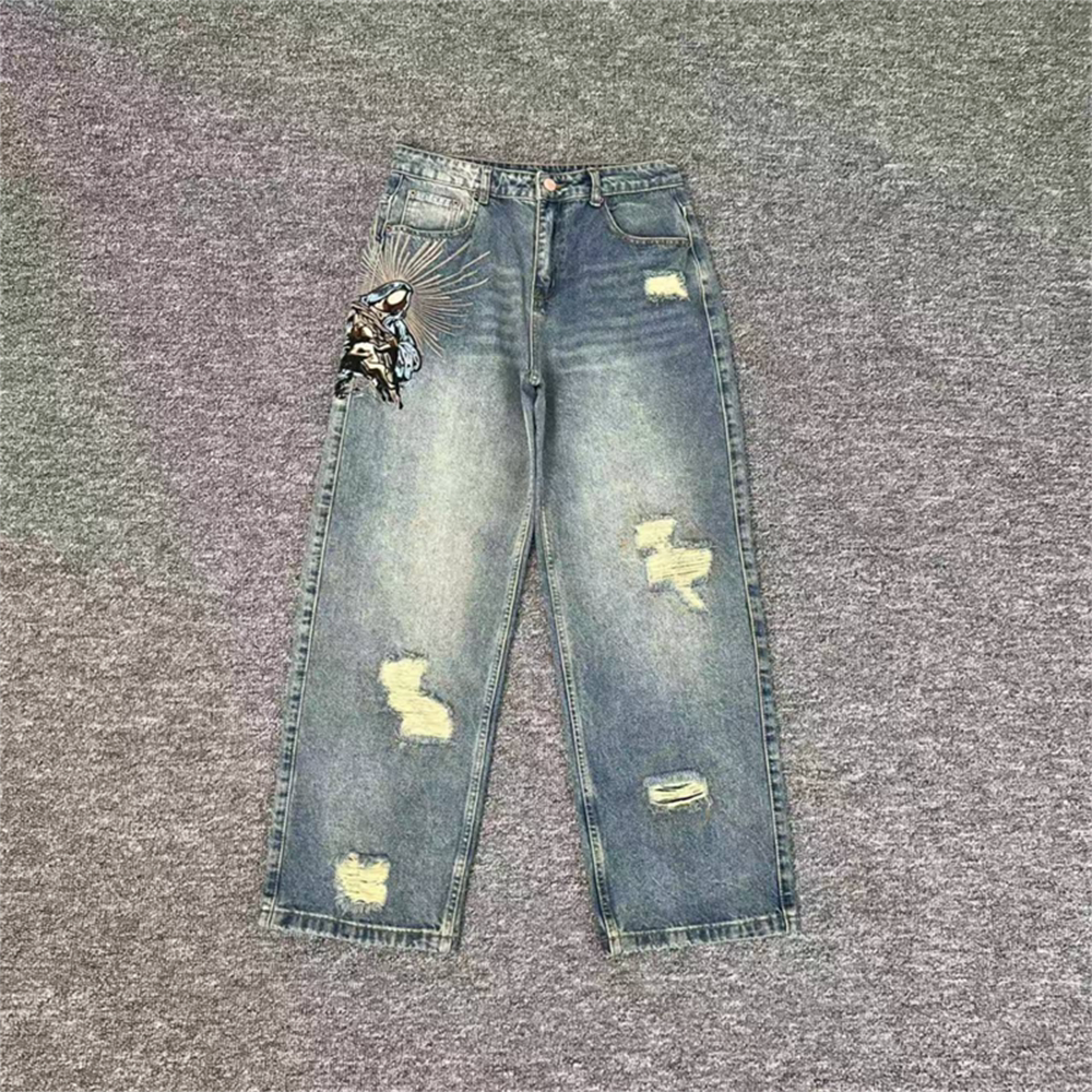 Derschutze Distressed Patchwork Embroidery Jeans - Blue