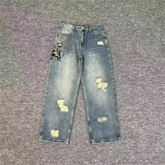 Derschutze Distressed Patchwork Embroidery Jeans - Blue