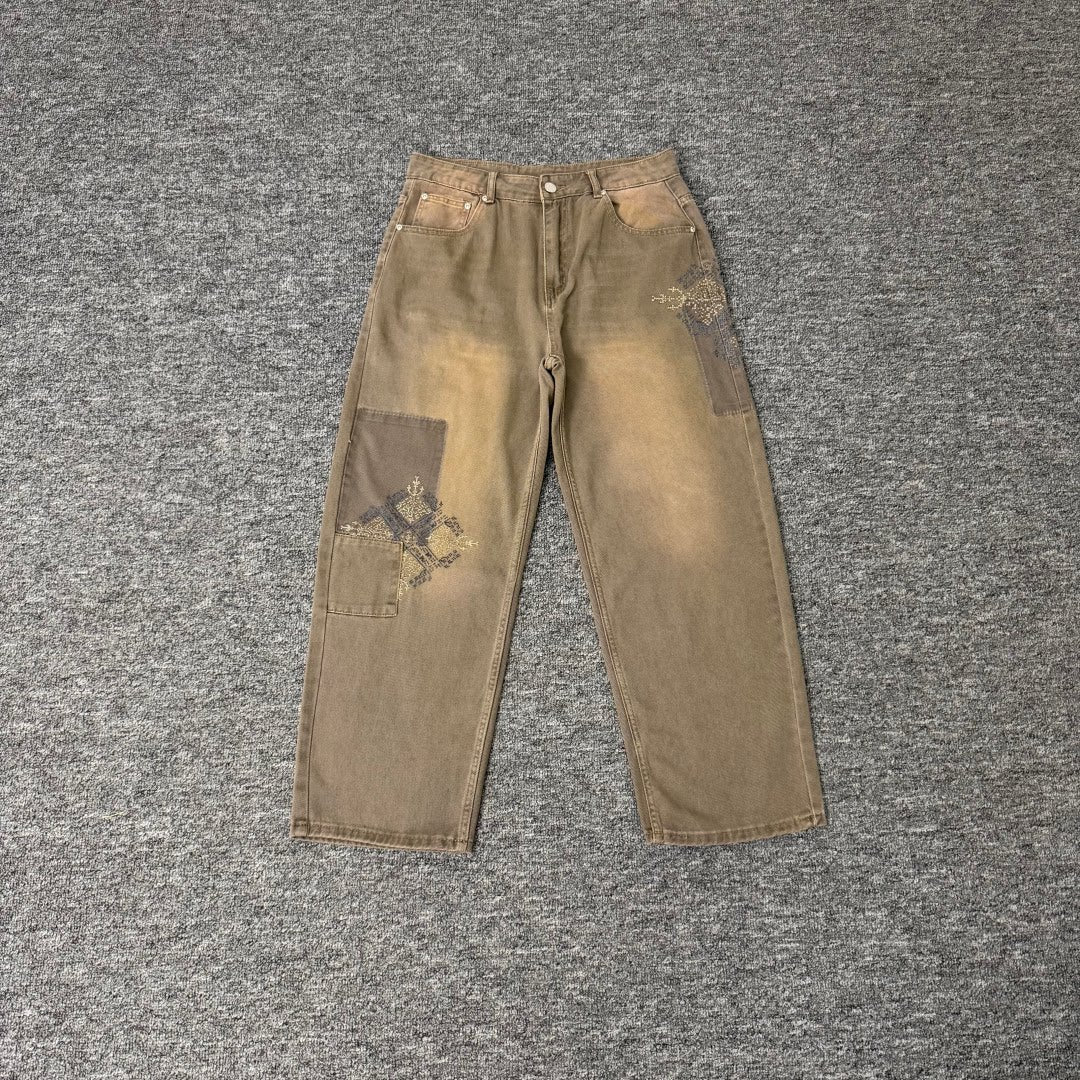 Derschutze Brown Vintage Wash Patchwork Embroidery Jeans
