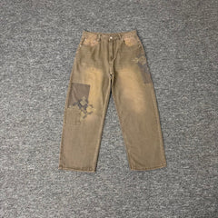 Derschutze Brown Vintage Wash Patchwork Embroidery Jeans