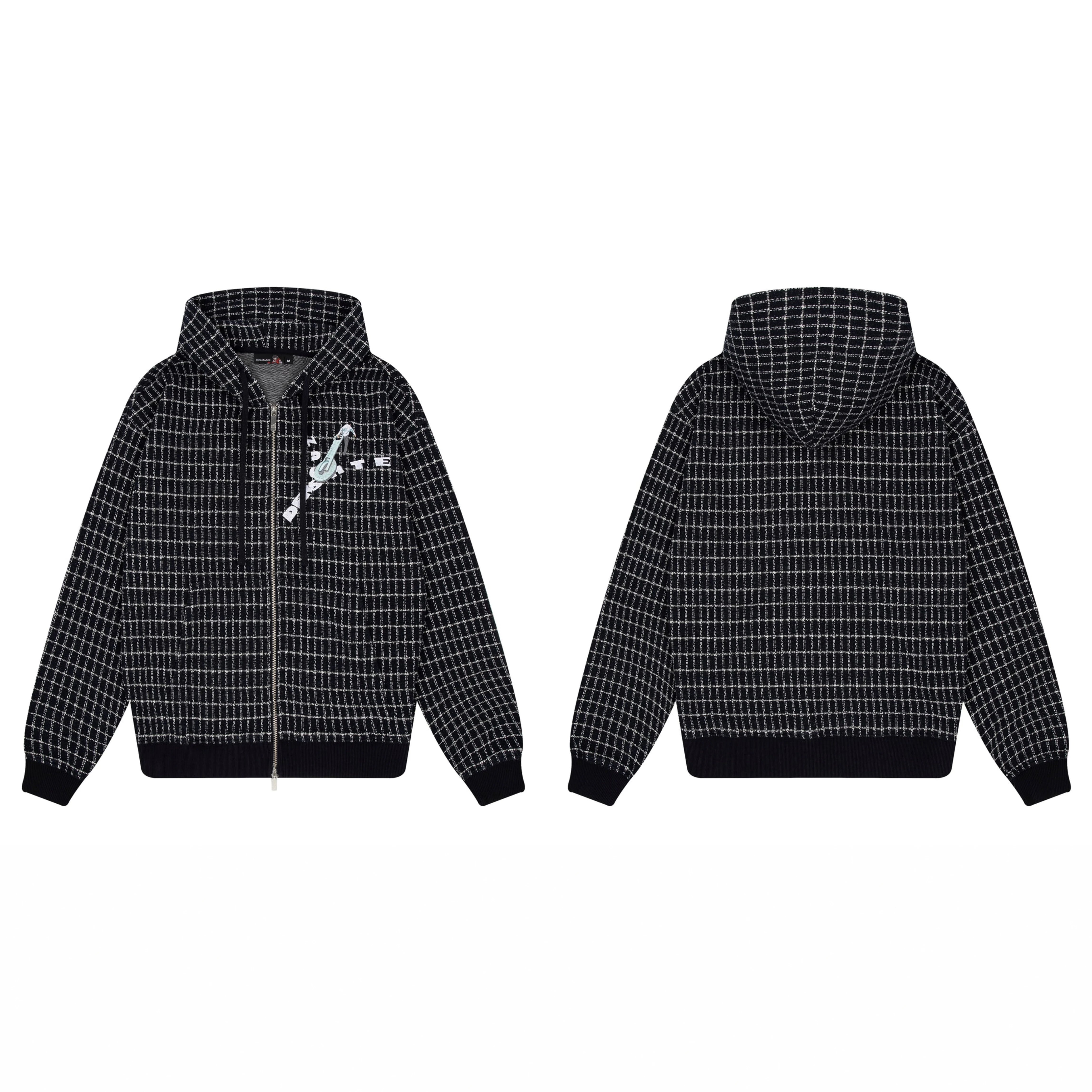 Derschutze Grid Pattern Print Zip-Up Hoodie - Black