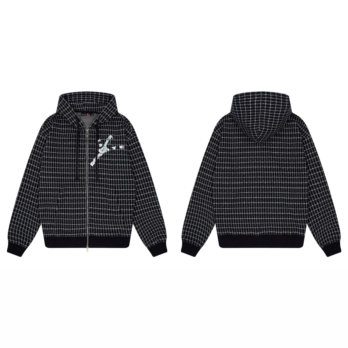 Derschutze Grid Pattern Print Zip-Up Hoodie - Black
