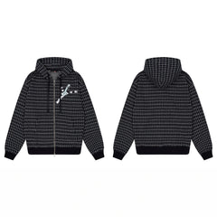 Derschutze Grid Pattern Print Zip-Up Hoodie - Black