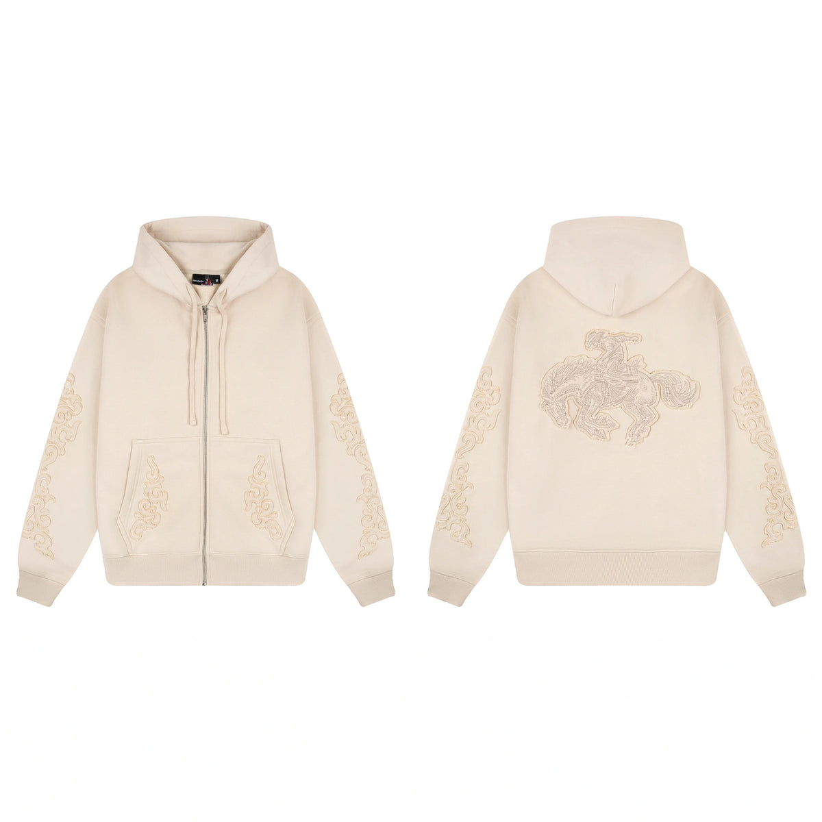 Derschutze Ornate Vine & Floral Embroidery Zip-Up Hoodie - Cream