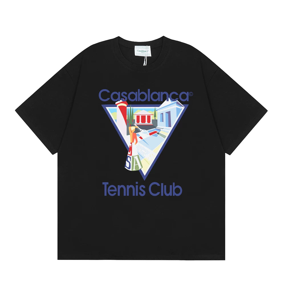Casablanca Tennis Club Red Torch & Court T-Shirt - Black